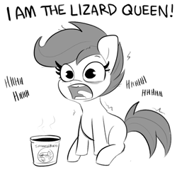 Size: 3000x3000 | Tagged: safe, artist:tjpones, derpibooru import, scootaloo, pegasus, pony, caffeine, coffee, dialogue, female, filly, grayscale, i am the lizard queen, jim morrison, lisa simpson, mare, missing wing, monochrome, open mouth, reference, simple background, sitting, sketch, solo, sparkles! the wonder horse!, starbucks, the doors, the simpsons, tooth gap, white background, wide eyes, wingless, xk-class end-of-the-world scenario