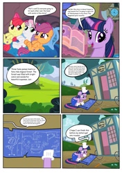 Size: 1280x1820 | Tagged: safe, artist:barberchair, derpibooru import, apple bloom, scootaloo, sweetie belle, twilight sparkle, twilight sparkle (alicorn), alicorn, earth pony, pegasus, pony, unicorn, comic:the practical pony, blueprint, clock, clothes, cutie mark crusaders, day, female, filly, gloves, hammer, hat, night, overalls, two toned mane, two toned tail, wheel