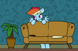 Size: 942x620 | Tagged: safe, artist:dacaoo, derpibooru import, rainbow dash, pegasus, pony, animated, behaving like a cat, floppy ears, gif, roomba, scared, sofa, solo, spread wings, unamused, wings