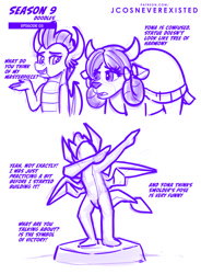 Size: 755x1024 | Tagged: safe, artist:jcosneverexisted, derpibooru import, smolder, yona, dragon, yak, season 9 doodles, uprooted, dab, dialogue, female, stone, text