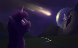 Size: 1920x1200 | Tagged: safe, artist:crusierpl, derpibooru import, twilight sparkle, unicorn twilight, pony, unicorn, canterlot, castle, chest fluff, cloud, comet, female, fluffy, force field, forest, fur, gasping, hair, looking at something, mane, mare, meteor, mountain, mountain range, multicolored hair, night, open mouth, outdoors, purple eyes, purple fur, reflection, river, scenery, shadow, side view, signature, solo, stars, water