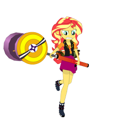 Size: 969x1081 | Tagged: safe, derpibooru import, sunset shimmer, equestria girls, clothes, hammer, jacket, protecting, ready to fight, shirt, simple background, skirt, solo, strength, transparent background, weapon