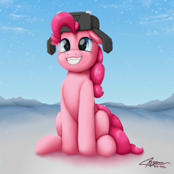 Size: 4000x4000 | Tagged: safe, artist:r5on11c, derpibooru import, pinkie pie, earth pony, pony, cute, diapinkes, female, floppy ears, grin, hat, mare, ponk, sitting, smiling, snow, solo, squee, ushanka, winter