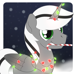 Size: 1076x1035 | Tagged: safe, artist:dyonys, derpibooru import, oc, oc:kafros, alicorn, robot, :3, candy, candy cane, christmas, christmas lights, fairy lights, food, holiday, male, solo, stallion
