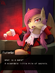 Size: 1490x1979 | Tagged: safe, artist:alicetriestodraw, derpibooru import, fluttershy, bat pony, pony, bat ponified, castlevania, clothes, coat, commission, crossover, dracula, flutterbat, glass, illustration, quote, race swap, sitting, solo, throne, what is a man, wine glass