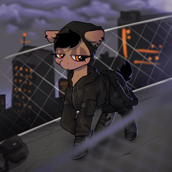 Size: 1080x1080 | Tagged: safe, artist:1alberich1, derpibooru import, oc, oc only, earth pony, pony, black on black, city, clothes, piercing, shoes, solo, techwear, tomboy