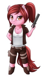 Size: 727x1280 | Tagged: safe, artist:imreer, derpibooru import, oc, oc only, anthro, earth pony, unguligrade anthro, clothes, earth pony oc, female, gun, simple background, weapon, white background