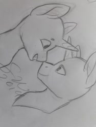 Size: 720x960 | Tagged: safe, artist:silentwolf-oficial, derpibooru import, oc, oc only, pony, unicorn, bald, bust, duo, grayscale, grin, horn, lineart, monochrome, smiling, traditional art, unicorn oc