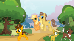 Size: 1280x720 | Tagged: safe, artist:mlplary6, derpibooru import, applejack, caramel, winona, oc, oc:apple honey, oc:apple sweet, dog, earth pony, pony, bench, carajack, family, female, filly, freckles, hatless, male, mare, missing accessory, offspring, parent:applejack, parent:caramel, parents:carajack, shipping, stallion, straight, underhoof