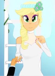 Size: 419x574 | Tagged: safe, artist:kaydenlindsey, derpibooru import, applejack, caramel, equestria girls, carajack, clothes, dress, equestria girls-ified, female, jewelry, looking at you, male, marriage, offscreen character, pov, ring, shipping, solo focus, straight, wedding, wedding dress, wedding ring