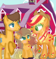 Size: 1183x1231 | Tagged: safe, artist:amoresparkle, derpibooru import, applejack, caramel, oc, earth pony, pony, applejack's hat, barn, base used, carajack, family, female, filly, male, mare, offspring, parent:applejack, parent:caramel, parents:carajack, rainbow power, raised hoof, shipping, smiling, stallion, straight, sweet apple acres