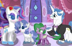 Size: 1280x818 | Tagged: safe, artist:amoresparkle, derpibooru import, fancypants, rarity, oc, oc:crystal crown, oc:gem shine, dracony, hybrid, pony, unicorn, base used, carousel boutique, family, female, filly, half-siblings, interspecies offspring, male, offspring, parent:fancypants, parent:rarity, parent:spike, parents:raripants, parents:sparity, rainbow power, raripants, shipping, straight