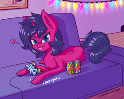 Size: 1600x1280 | Tagged: safe, artist:dsp2003, oc, oc only, oc:fizzy pop, pony, unicorn, :p, bedroom eyes, blushing, christmas, christmas lights, controller, female, gift art, heart, holiday, looking at you, mare, mouse hole, painting, slurm, sofa, tongue out