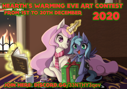 Size: 1400x986 | Tagged: safe, artist:grasspainter, princess celestia, princess luna, alicorn, pony, bag, book, box, chocolate, christmas, clothes, contest, cup, cute, discord (program), drink, female, filly, fire, fireplace, food, happy, hearth's warming eve, holiday, hot chocolate, levitation, lying down, magic, mug, open mouth, pink-mane celestia, pointy ponies, present, prone, royal sisters, rug, scarf, siblings, sisters, smiling, telekinesis, woona, wreath, younger