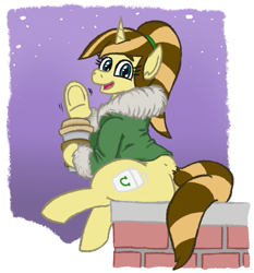 Size: 569x610 | Tagged: safe, artist:jargon scott, oc, oc only, oc:java chip, pony, unicorn, coffee, coffee cup, drink, female, hoof hold, jacket, looking at you, mare, sitting, smiling, snow, snowfall, solo, two toned mane, two toned tail, underhoof, waving