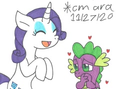 Size: 926x662 | Tagged: safe, artist:cmara, derpibooru import, rarity, spike, dragon, pony, unicorn, eyes closed, eyeshadow, female, heart, makeup, male, mare, open mouth, shipping, simple background, sparity, straight, traditional art, white background