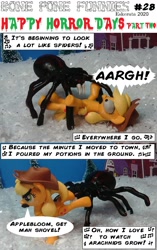 Size: 1896x3026 | Tagged: safe, artist:eskerata, derpibooru import, applejack, earth pony, pony, spider, bone pone funnies, 2 panel comic, cartoon, comic, dark comedy, funny, holiday