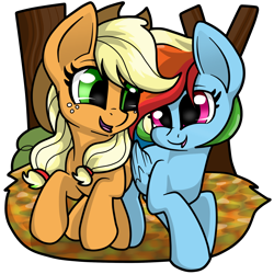 Size: 2086x2085 | Tagged: safe, artist:gleamydreams, derpibooru import, applejack, rainbow dash, earth pony, pegasus, pony, cute, dashabetes, duo, jackabetes, running of the leaves, simple background, transparent background, tree