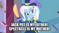 Size: 640x360 | Tagged: safe, derpibooru import, edit, edited screencap, screencap, trixie, better together, equestria girls, street magic with trixie, caption, image macro, imgflip, implied parents, magician outfit, parent, text