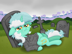 Size: 4032x3024 | Tagged: safe, artist:background basset, derpibooru import, lyra heartstrings, pony, unicorn, fanfic:background pony, belly, clothes, dig the swell hoodie, female, gravestone, graveyard, high res, hoodie, mare, sad, solo, tired, tombstones