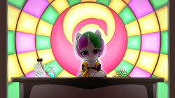 Size: 2560x1440 | Tagged: safe, artist:mysticalpha, derpibooru import, oc, oc:armistice, unicorn, female, solo, stained glass