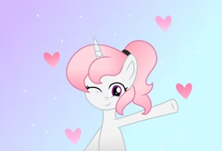 Size: 1280x868 | Tagged: safe, artist:stellamoonshine, derpibooru import, oc, oc only, oc:blossom, pony, unicorn, female, gradient background, looking at you, mare, one eye closed, solo, wink