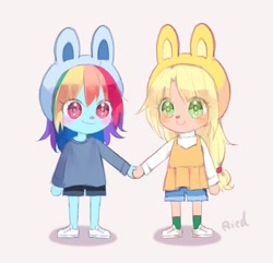 Size: 640x617 | Tagged: safe, artist:ried, derpibooru import, applejack, rainbow dash, earth pony, pegasus, pony, animal crossing, animal crossing: new horizons, appledash, blush sticker, blushing, bunny ears, chibi, cute, dashabetes, female, holding hands, jackabetes, jumper, lesbian, shipping, sweatshirt