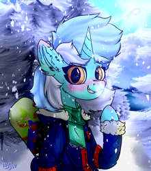 Size: 3000x3400 | Tagged: safe, artist:mjsw, derpibooru import, lyra heartstrings, pony, unicorn, blushing, clothes, ear piercing, female, forest, looking at you, mare, piercing, smiling, snow, snowboard, snowfall, solo, winter