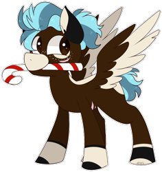 Size: 744x788 | Tagged: safe, artist:jetjetj, derpibooru import, part of a set, oc, oc:theo, pegasus, pony, candy, candy cane, commission, food, male, mouth hold, simple background, solo, stallion, transparent background, two toned wings, wings, ych result
