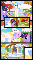 Size: 1280x2300 | Tagged: safe, artist:bigsnusnu, derpibooru import, bon bon, carrot top, dusk shine, golden harvest, princess celestia, princess luna, sweetie drops, twilight sparkle, alicorn, pony, unicorn, comic:dusk shine in pursuit of happiness, bow, guard, rule 63, s1 luna, scroll, smiling, smirk, suprised look, yelling