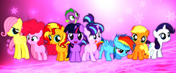 Size: 4096x1714 | Tagged: safe, artist:media1997, derpibooru import, applejack, fluttershy, pinkie pie, rainbow dash, rarity, spike, starlight glimmer, sunset shimmer, twilight sparkle, unicorn twilight, dragon, earth pony, pegasus, pony, unicorn, baby, baby spike, female, filly, filly applejack, filly fluttershy, filly pinkie pie, filly rainbow dash, filly rarity, filly starlight glimmer, filly sunset shimmer, filly twilight sparkle, looking at you, mane eight, mane nine, mane seven, mane six, vector, younger