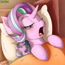 Size: 1280x1280 | Tagged: safe, artist:zuckergelee, derpibooru import, starlight glimmer, twilight sparkle, pony, unicorn, bed, bedroom, bedroom eyes, blanket, digital art, eyebrows, eyelashes, female, hooves, horn, looking at you, mare, morning, morning ponies, one eye closed, open mouth, pillow, plushie, solo, sunlight, yawn