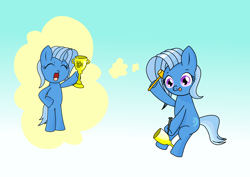 Size: 2000x1414 | Tagged: safe, derpibooru import, trixie, earth pony, pony, :p, bipedal, earth pony trixie, eyes closed, hammer, nail, open mouth, race swap, solo, tongue out, trophy