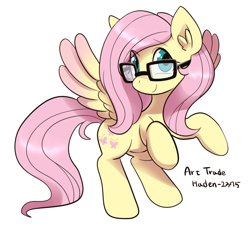 Size: 982x900 | Tagged: safe, artist:haden-2375, derpibooru import, fluttershy, pegasus, pony, art trade, colored wings, cute, ear fluff, female, glasses, mare, shyabetes, simple background, solo, white background, wings