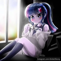 Size: 1200x1200 | Tagged: safe, artist:sholechbrony, derpibooru import, sci-twi, twilight sparkle, equestria girls, adorasexy, blushing, clothes, cute, female, glasses, holding, schrödinger's pantsu, sexy, socks, solo, twiabetes, window