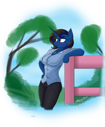 Size: 1600x1926 | Tagged: safe, artist:alexlive97, derpibooru import, oc, oc only, oc:alyx live, anthro, unicorn, 2016, bedroom eyes, blushing, buttons, chillaxing, clothes, confident, curvy, female, fence, hand on hip, horn, jeans, jewelry, necklace, pants, relaxing, rule 63, simple background, solo, standing, transparent background, unicorn oc