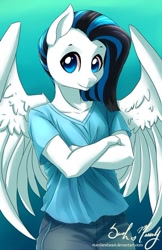 Size: 400x619 | Tagged: safe, artist:starshinebeast, derpibooru import, oc, oc only, anthro, pegasus, black and blue, blue and black, blue eyes, clothes, crossed arms, female, jeans, large wings, looking at you, mare, pants, pegasus oc, shirt, solo, solo female, standing, wings