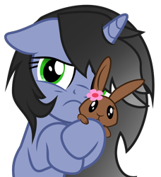 Size: 6871x7522 | Tagged: safe, artist:isaac_pony, derpibooru import, daisy, flower wishes, oc, oc:shainer shrapnel shock, pony, unicorn, doom equestria, bunny ears, cute, fear, female, flower, green eyes, horns, hug, sad, show accurate, simple background, transparent background, vector