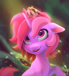 Size: 1866x2048 | Tagged: safe, artist:imalou, derpibooru import, oc, oc only, oc:dawnfire, frog, pony, unicorn, crown, cute, detailed, ear fluff, female, jewelry, looking up, mare, open mouth, raised hoof, regalia, sitting, smiling