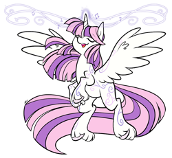 Size: 864x794 | Tagged: safe, artist:egophiliac, derpibooru import, oc, oc only, oc:arcane aria, alicorn, pony, alicorn oc, bipedal, female, horn, magic, mare, music notes, rearing, simple background, singing, solo, spread wings, transparent background, unshorn fetlocks, vector, wings