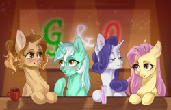 Size: 2484x1603 | Tagged: safe, artist:peachez, derpibooru import, fluttershy, lyra heartstrings, rarity, oc, oc:oven fresh, pegasus, pony, unicorn, fanfic:crossing the trixie bridge, bar, blushing, cozy lights