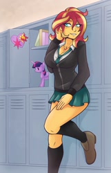 Size: 1304x2019 | Tagged: safe, artist:ambris, derpibooru import, sunset shimmer, twilight sparkle, equestria girls, blushing, breasts, cleavage, clothes, commission, implied lesbian, implied shipping, implied sunsetsparkle, jewelry, locker, necklace, plushie, school uniform, schrödinger's pantsu, shoes, skirt, socks, sunset jiggler