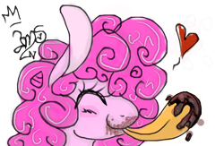 Size: 664x434 | Tagged: safe, artist:amgiwolf, derpibooru import, pinkie pie, earth pony, pony, bust, eyelashes, eyes closed, female, floating heart, heart, mare, signature, simple background, smiling, solo, tongue out, transparent background