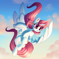 Size: 6000x6000 | Tagged: safe, artist:faline-art, derpibooru import, princess celestia, alicorn, pony, absurd resolution, cloud, eye clipping through hair, female, flying, pink-mane celestia, sky, smiling, solo, spread wings, wings, younger