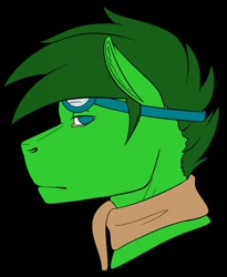 Size: 1048x1280 | Tagged: safe, artist:imreer, derpibooru import, oc, oc only, anthro, earth pony, black background, bust, clothes, earth pony oc, goggles, male, scarf, simple background, solo