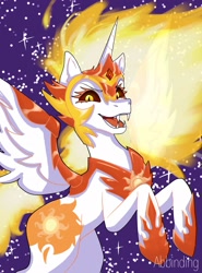 Size: 1516x2048 | Tagged: safe, artist:abbinding_, derpibooru import, daybreaker, alicorn, pony, eyelashes, fangs, female, hoof shoes, mane of fire, mare, open mouth, peytral, rearing, solo, stars