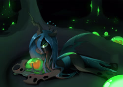 Size: 3100x2192 | Tagged: safe, artist:moons-of-mars, derpibooru import, queen chrysalis, changeling, changeling queen, egg, female, love, prone, smug, solo