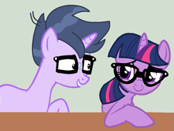 Size: 791x599 | Tagged: safe, artist:jadethepegasus, derpibooru import, microchips, sci-twi, twilight sparkle, oc, pony, unicorn, equestria girls ponified, female, glasses, male, mare, microlight, ponified, shipping, smiling, stallion, straight