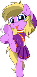 Size: 2435x5000 | Tagged: safe, artist:jhayarr23, derpibooru import, oc, oc only, oc:amber bright, earth pony, pony, bipedal, cheerleader, clothes, female, full body, holding leg, legs, looking at you, mare, simple background, skirt, smiling, smiling at you, standing, standing on one leg, tongue out, transparent background, underhoof, vector