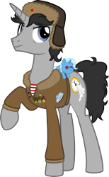 Size: 1802x2931 | Tagged: safe, artist:lightning stripe, derpibooru exclusive, derpibooru import, trixie, oc, oc:ragtime melody, pony, unicorn, black mane, black tail, blue eyes, clothes, commission, cutie mark, flask, gray coat, hat, jacket, long legs, male, medal, medals, one hoof raised, scowl, show accurate, simple background, solo, stallion, transparent background, trixie plushie, ushanka